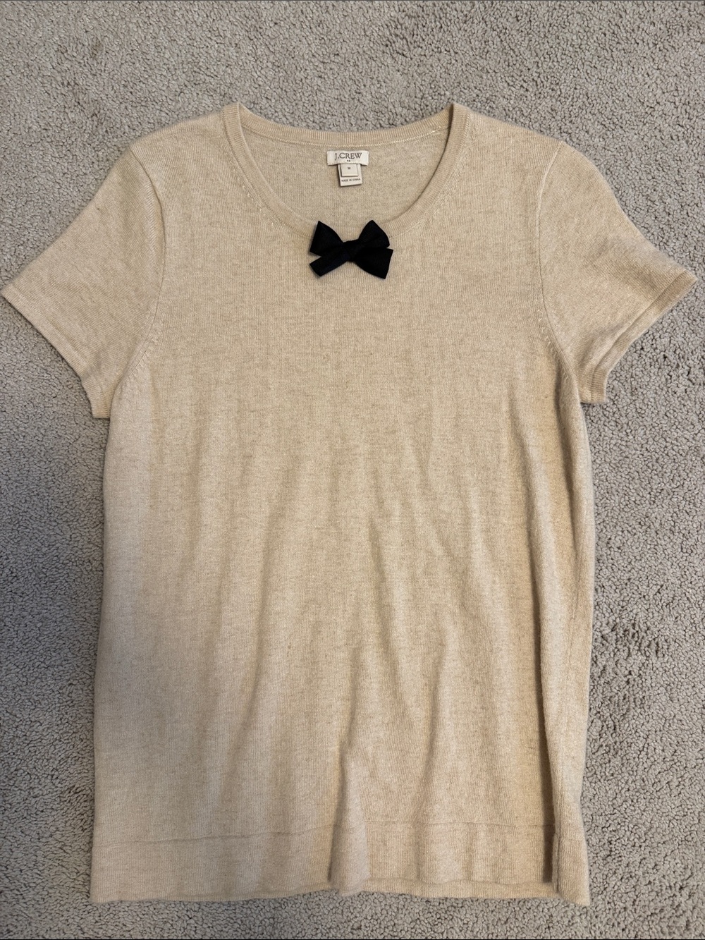 J. Crew Cream Short-Sleeve Knit Top with Black Bow Accent